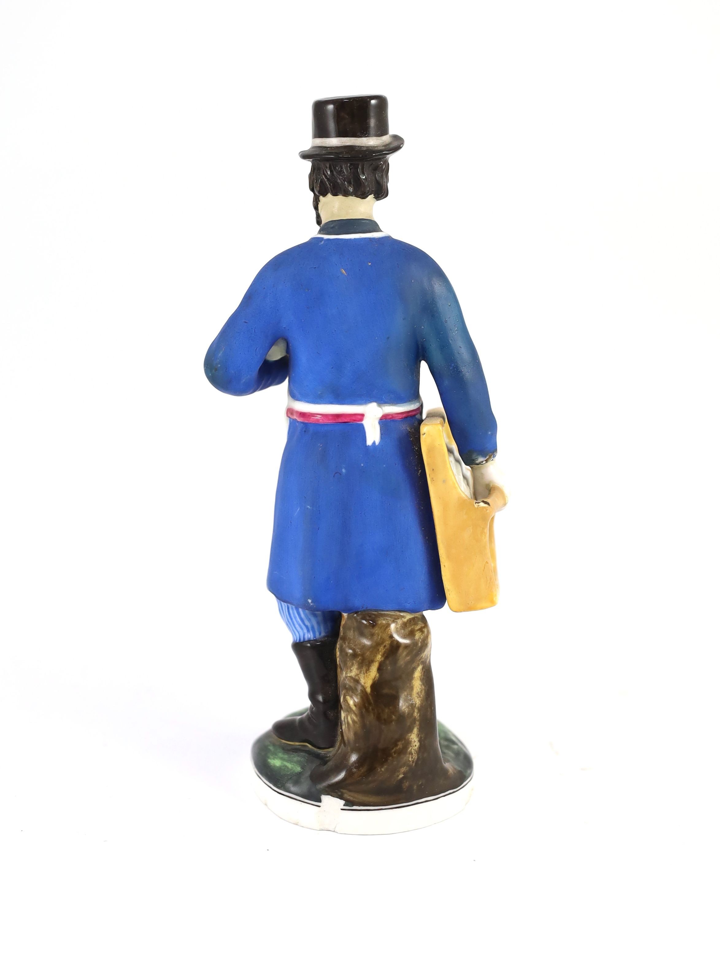 A Russian porcelain figure of a glazier, Gardner Manufactory, Verbilki, c.1830, 18.5 cm high, restoration